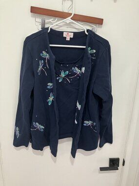 Quacker Factory Dragonfly Cardigan Built In Tank Top Twin Set Navy Blue XL